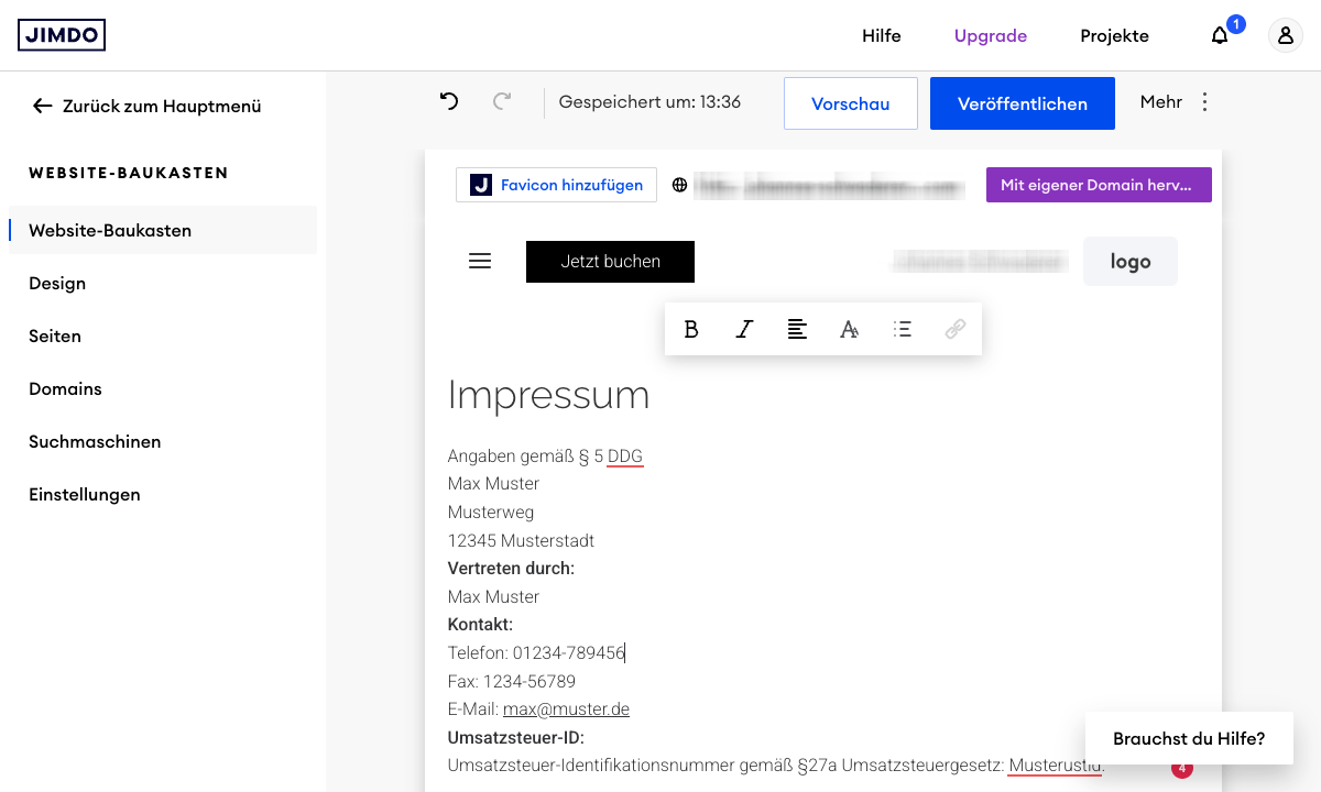 Jimdo Impressum einfügen 2