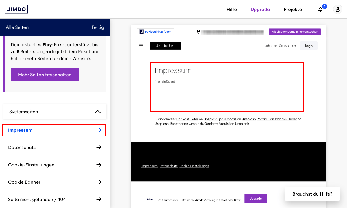 Jimdo Impressum einfügen