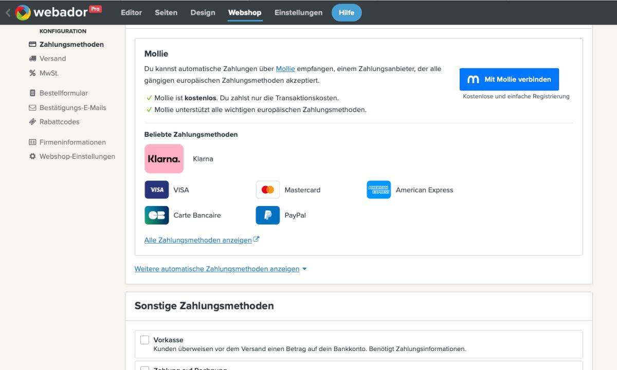 WEBADOR Bezahlungsmöglichkeiten