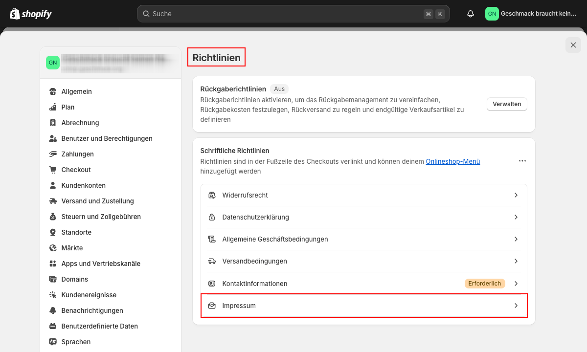 Impressum für Shopify-Shop