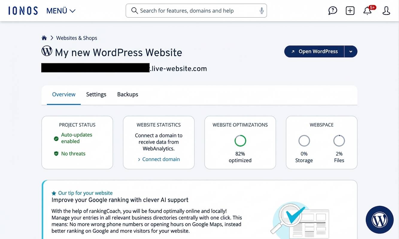 IONOS WordPress dashboard