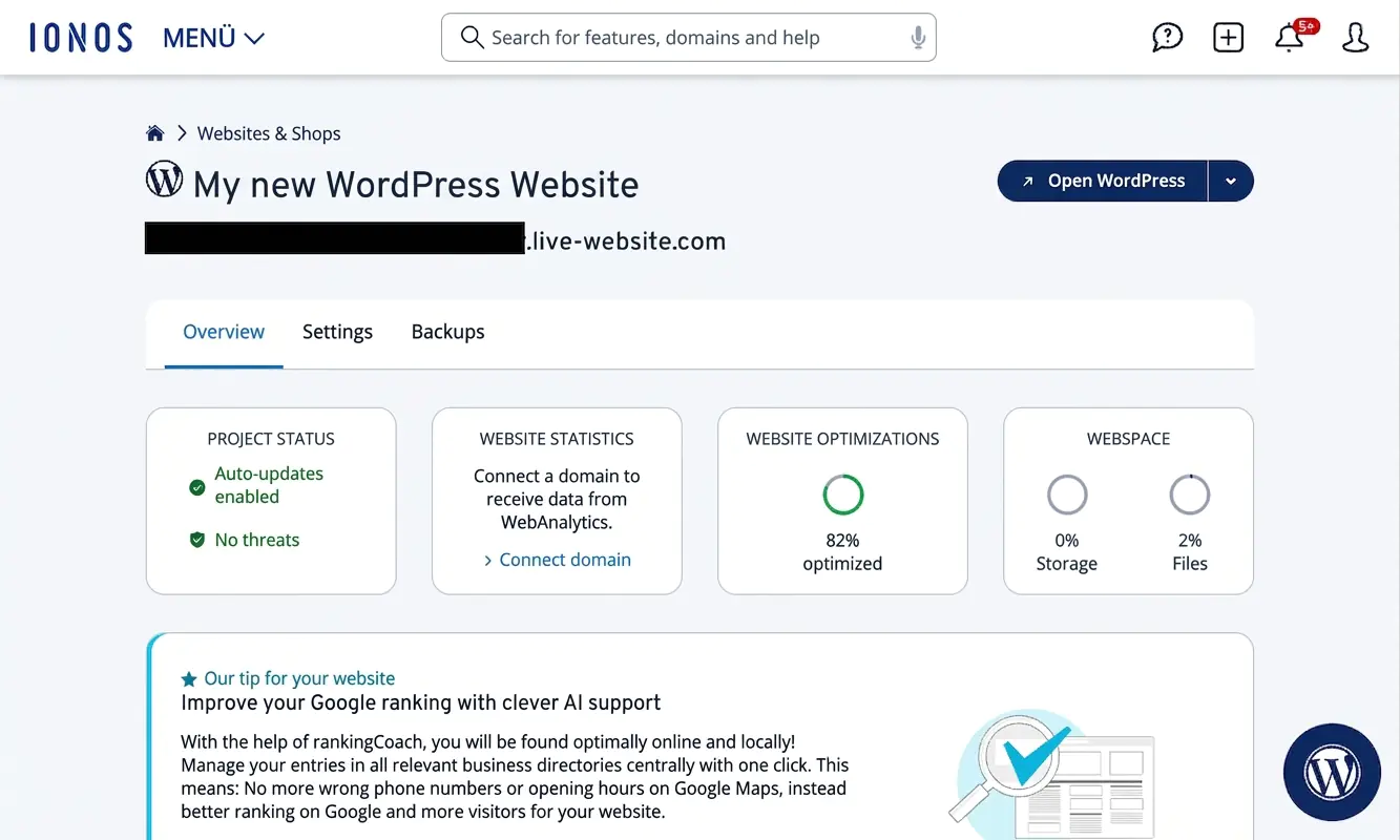 IONOS WordPress dashboard